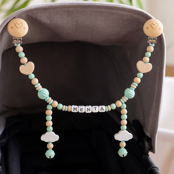 Kinderwagenkette mit Namen, Glöckchen Mint