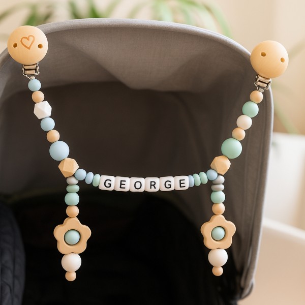 Kinderwagenkette mit Namen, Regenbogen Blau