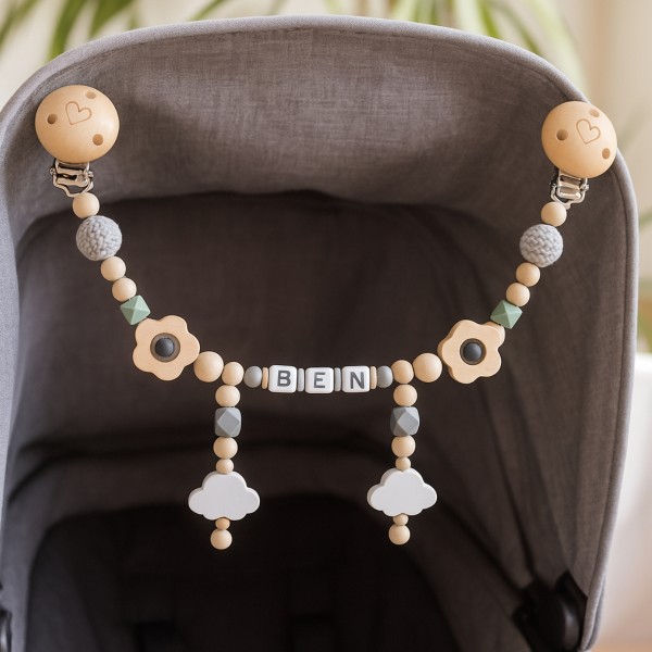 Kinderwagenkette mit Namen, Wolke Grau