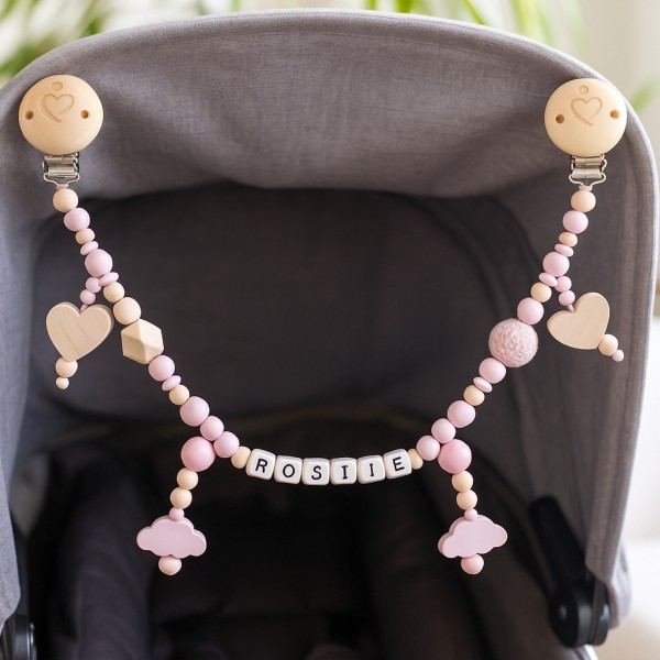 Kinderwagenkette mit Namen, Glöckchen Rosa