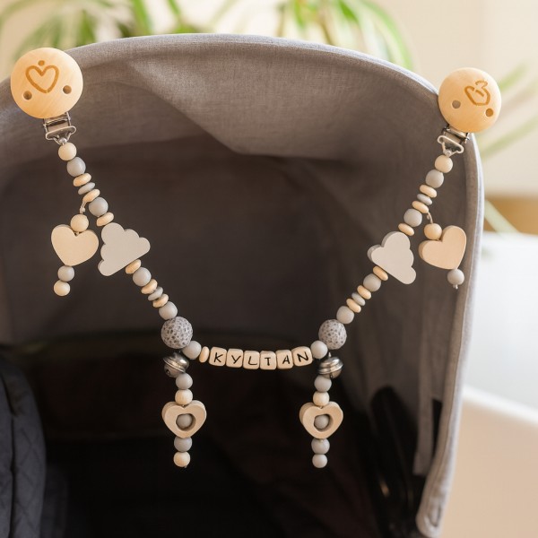 Kinderwagenkette mit Namen, Glöckchen Grau